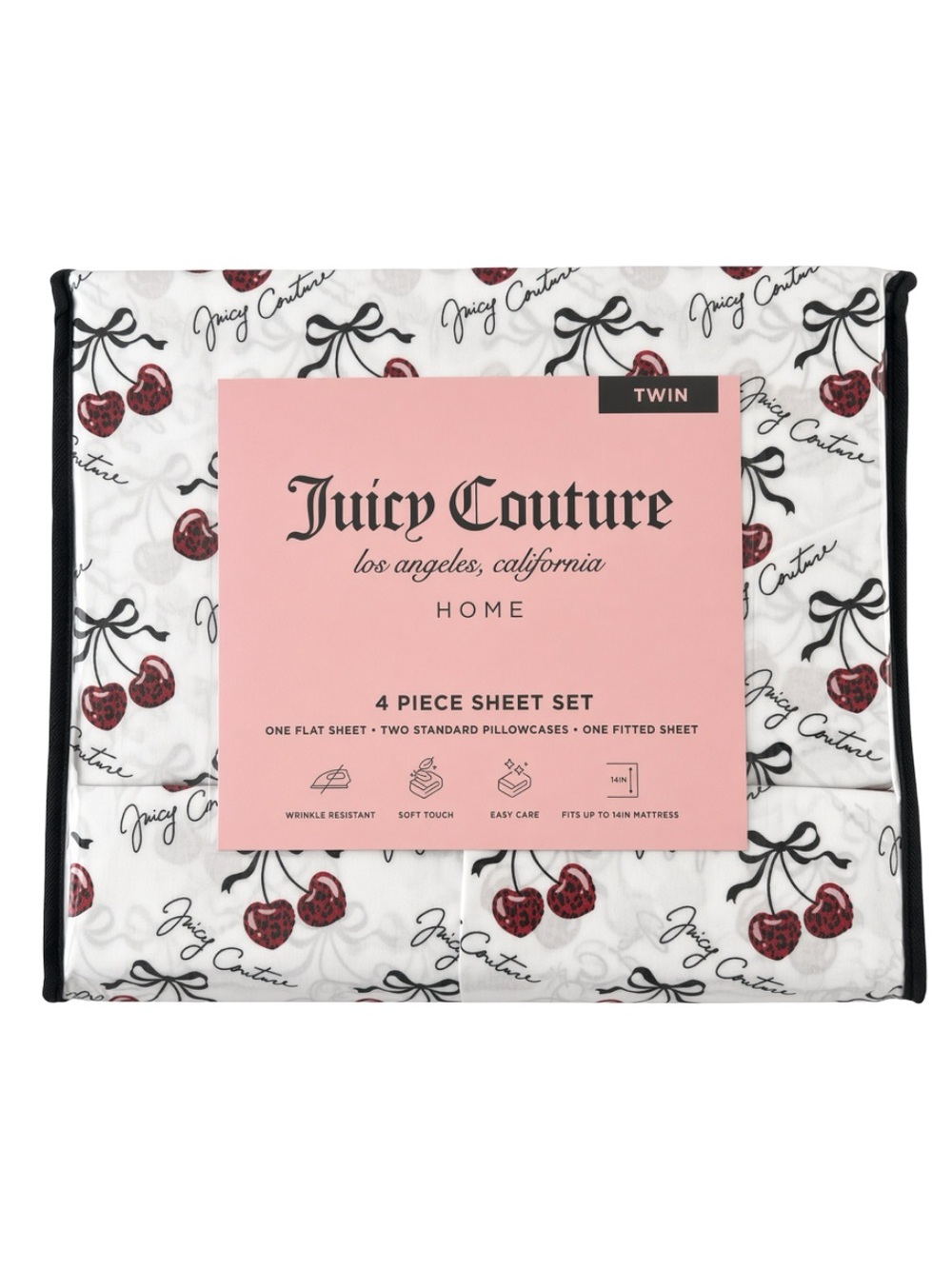 Juicy Couture Home Twin 4pc Sheet Set Cherry Leopard Bows NWT